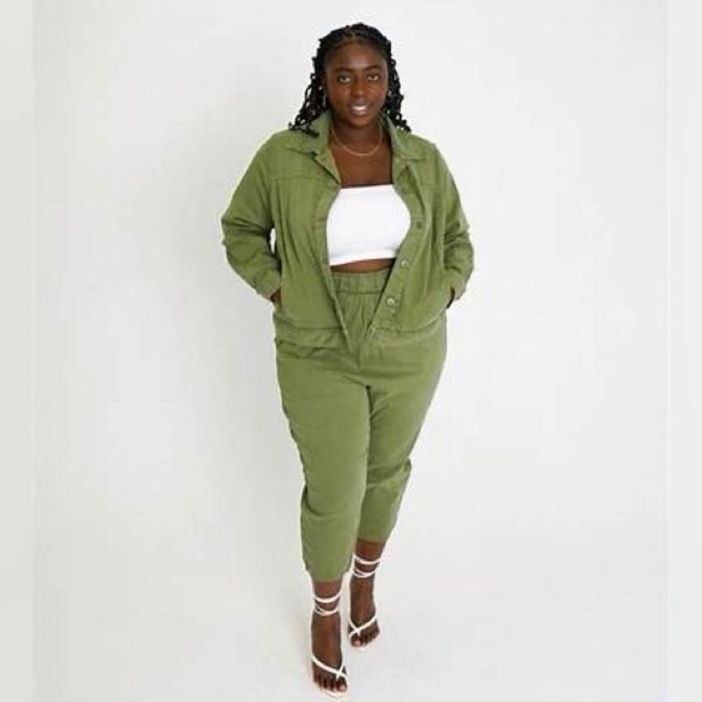 What Lo Wants Leah Cotton Tencel Crop Pant & Jacket Top Set Olive Army Green 1x